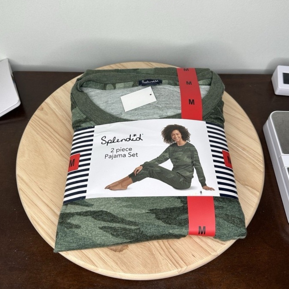 Splendid 2Piece Pajama Set Long Sleeve Heather Olive Camo Green Women Medium NEW